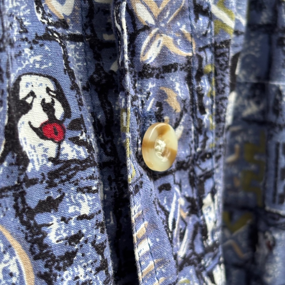 Vintage BIG DOGS Graphic Button-Up Shirt Blue All Over Print L